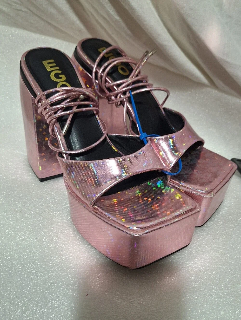 Pink Holographic Platform Block Heel Sandals